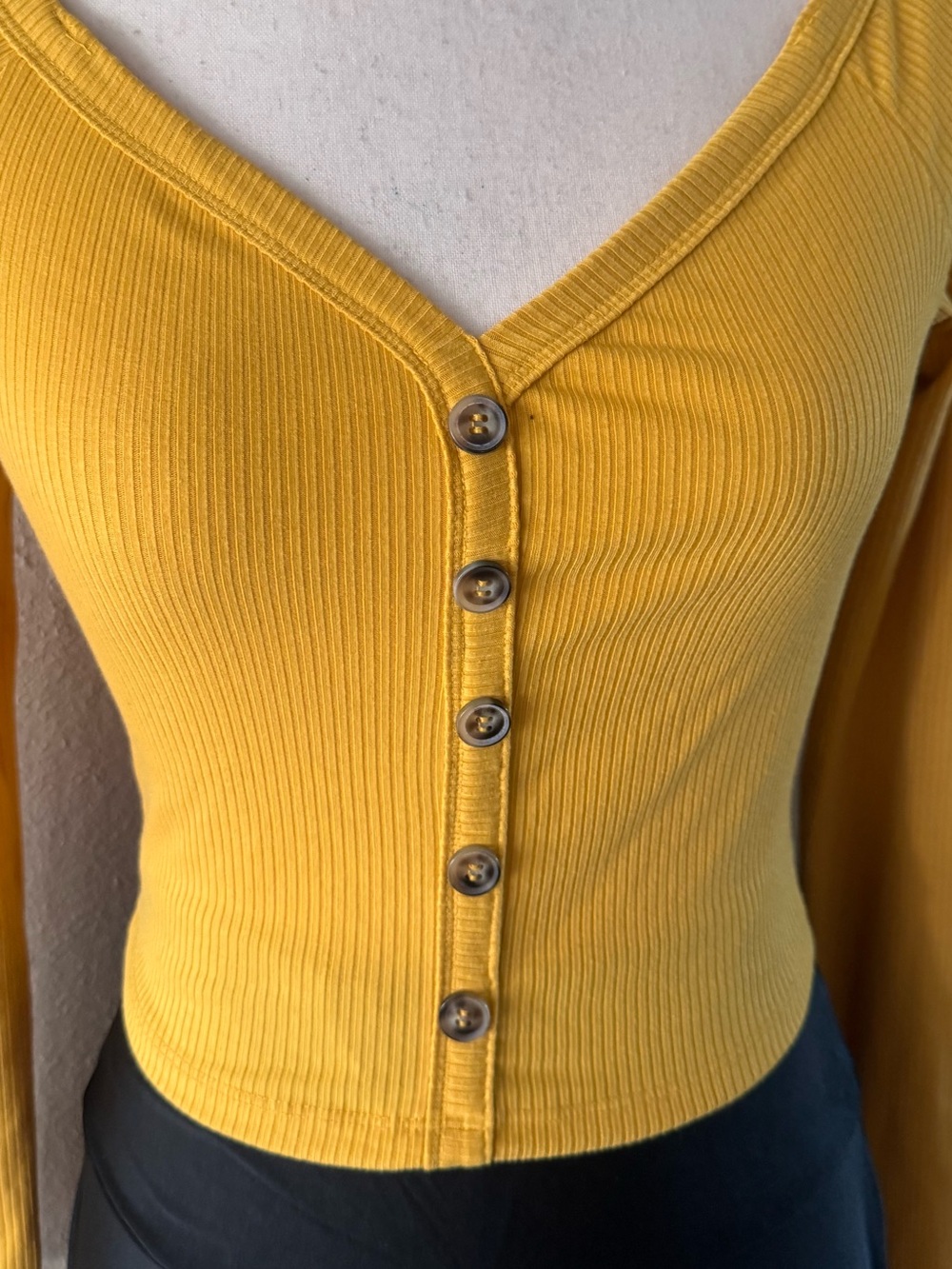 Iris Basic Mustard Yellow Off-Shoulder Button-Front Ribbed Top - Picture 10 of 10